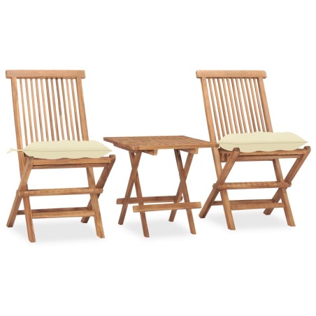 vidaXL Set comedor de jardín plegable 3 piezas madera de teca cojines
