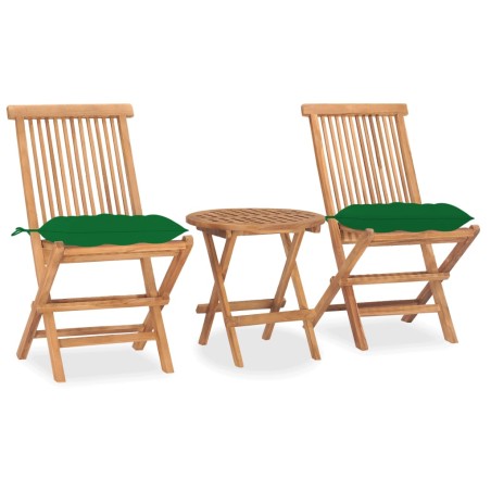 vidaXL Set comedor de jardín plegable 3 piezas madera de teca cojines