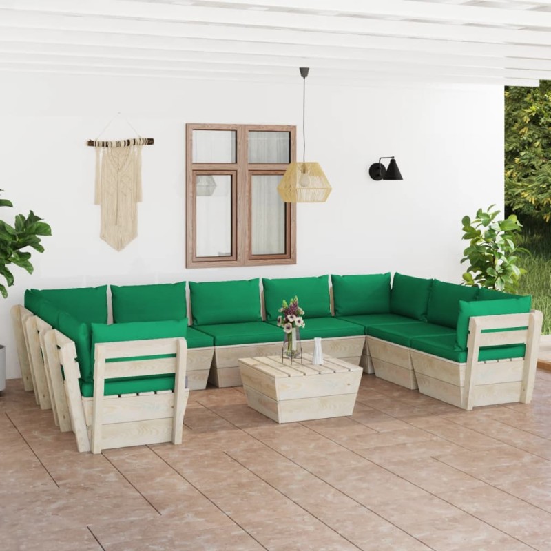 vidaXL Muebles de jardín de palés 10 piezas y cojines madera de abeto vidaXL Muebles de jardín de palés 10 piezas y cojines madera de abeto