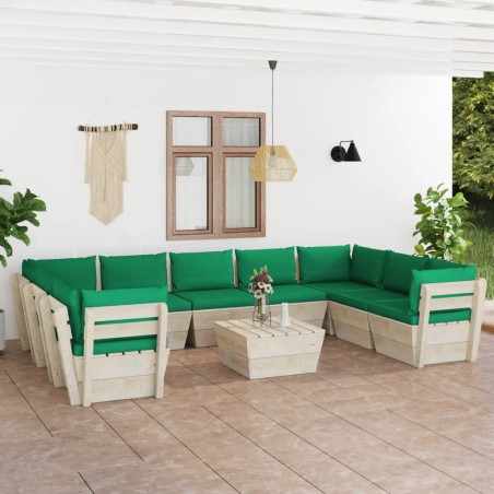 vidaXL Muebles de jardín de palés 10 piezas y cojines madera de abeto