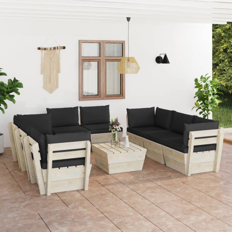 vidaXL Muebles de jardín de palets 9 piezas y cojines madera de abeto vidaXL Muebles de jardín de palets 9 piezas y cojines madera de abeto