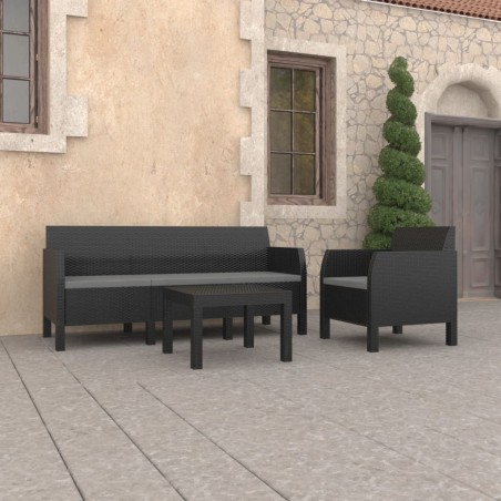vidaXL Set de muebles de jardín 3 pzas cojines PP ratán gris antracita