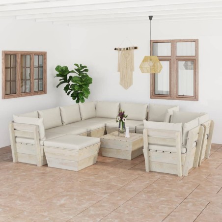 vidaXL Muebles de jardín de palets 10 pzas y cojines madera de abeto 