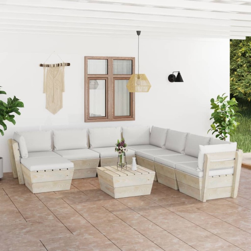vidaXL Muebles de jardín de palets 9 piezas y cojines madera de abeto 