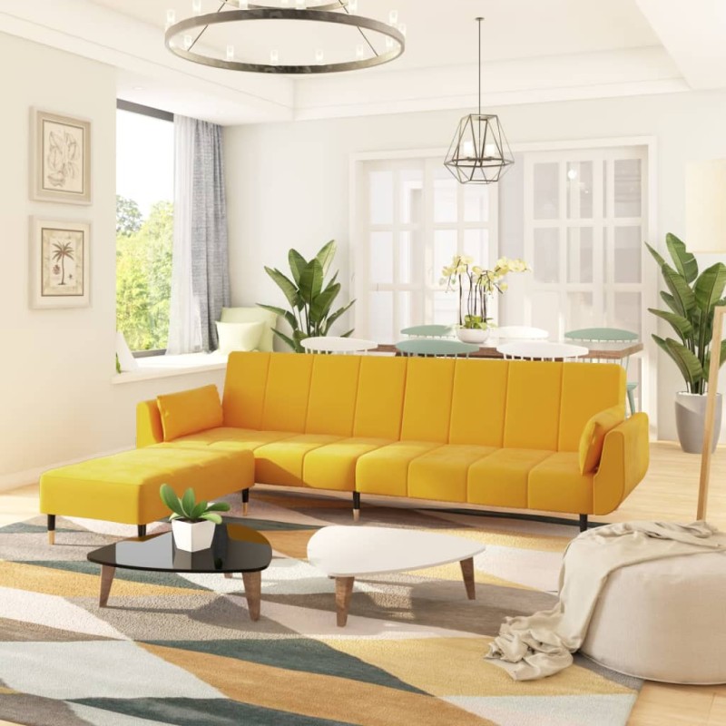 vidaXL Sofá cama 2 plazas reposapiés y dos cojines terciopelo amarillo vidaXL Sofá cama 2 plazas reposapiés y dos cojines terciopelo amarillo