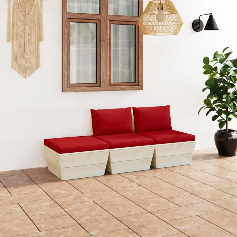 vidaXL Muebles de jardín de palets 3 pzas y cojines madera de abeto 
