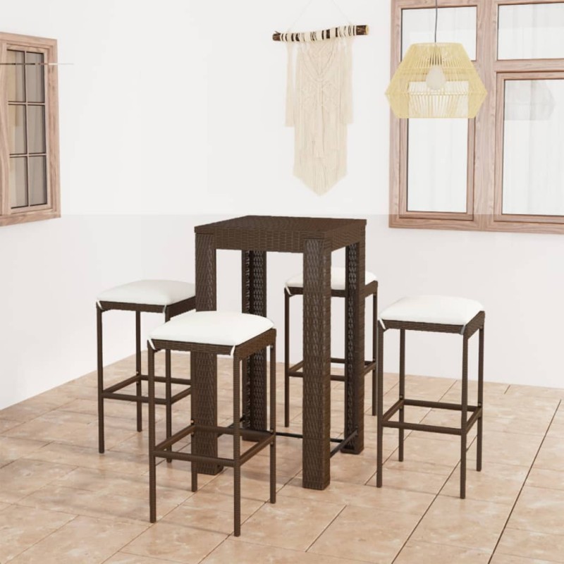 vidaXL Set de bar para jardín 5 pzas y cojines ratán sintético marrón vidaXL Set de bar para jardín 5 pzas y cojines ratán sintético marrón