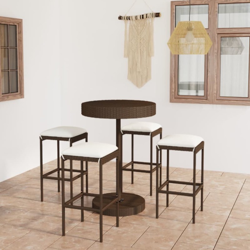 vidaXL Set de bar para jardín 5 pzas y cojines ratán sintético marrón vidaXL Set de bar para jardín 5 pzas y cojines ratán sintético marrón