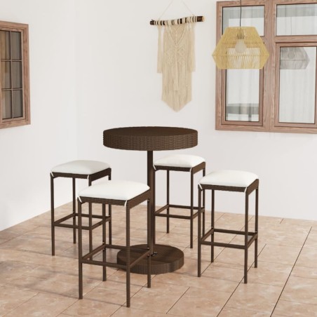 vidaXL Set de bar para jardín 5 pzas y cojines ratán sintético marrón