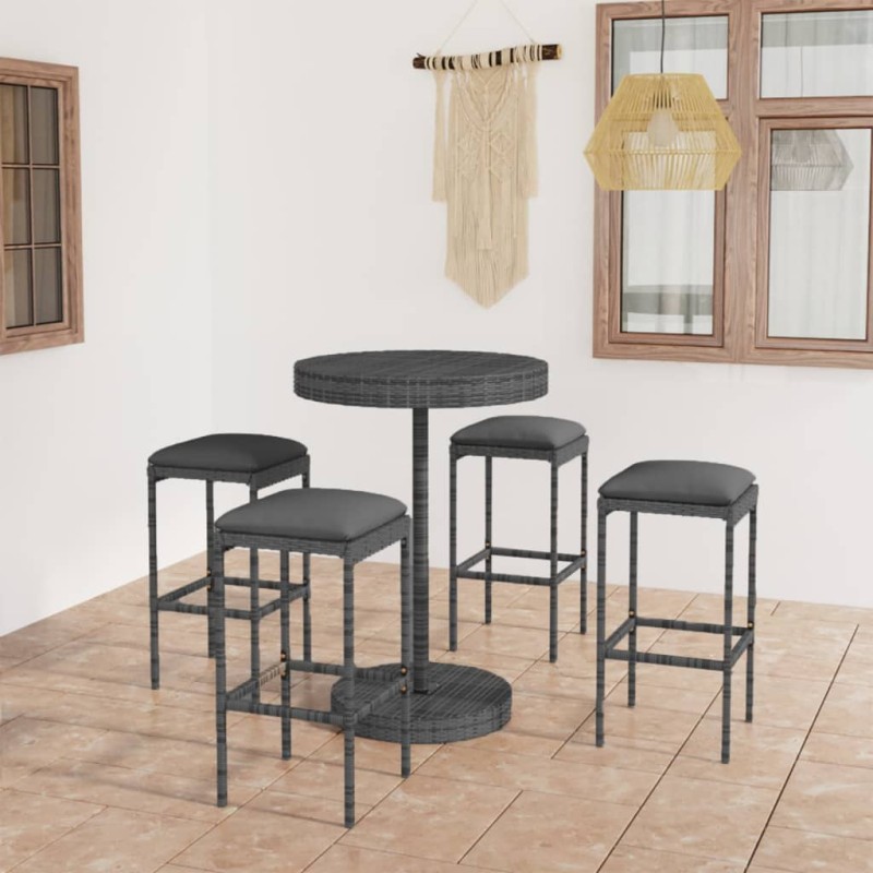 vidaXL Set muebles bar jardín 5 piezas y cojines ratán sintético gris vidaXL Set muebles bar jardín 5 piezas y cojines ratán sintético gris