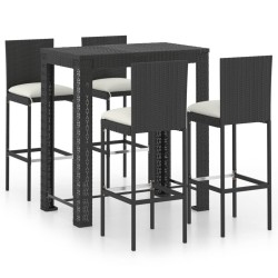 vidaXL Set muebles bar jardín 5 piezas y cojines ratán sintético negro