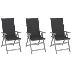 vidaXL Sillas de jardín reclinables 3 uds madera maciza acacia cojines