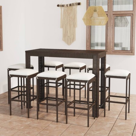 vidaXL Set de bar para jardín 9 pzas y cojines ratán sintético marrón