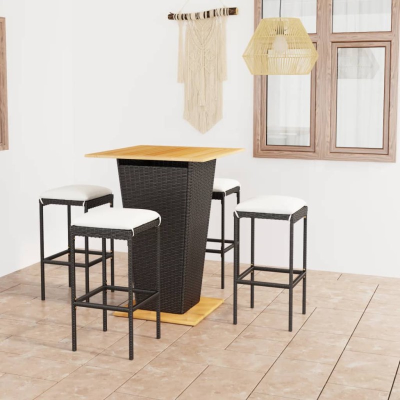 vidaXL Set de muebles de bar de jardín 5 pzas y cojines ratán PE negro vidaXL Set de muebles de bar de jardín 5 pzas y cojines ratán PE negro