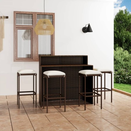 vidaXL Juego de muebles de bar para jardín 5 piezas y cojines marrón