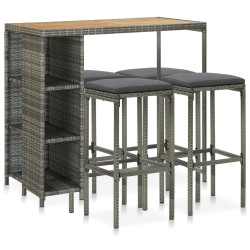 vidaXL Set de bar para jardín 5 piezas y cojines ratán sintético gris