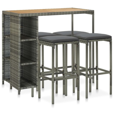 vidaXL Set de bar para jardín 5 piezas y cojines ratán sintético gris