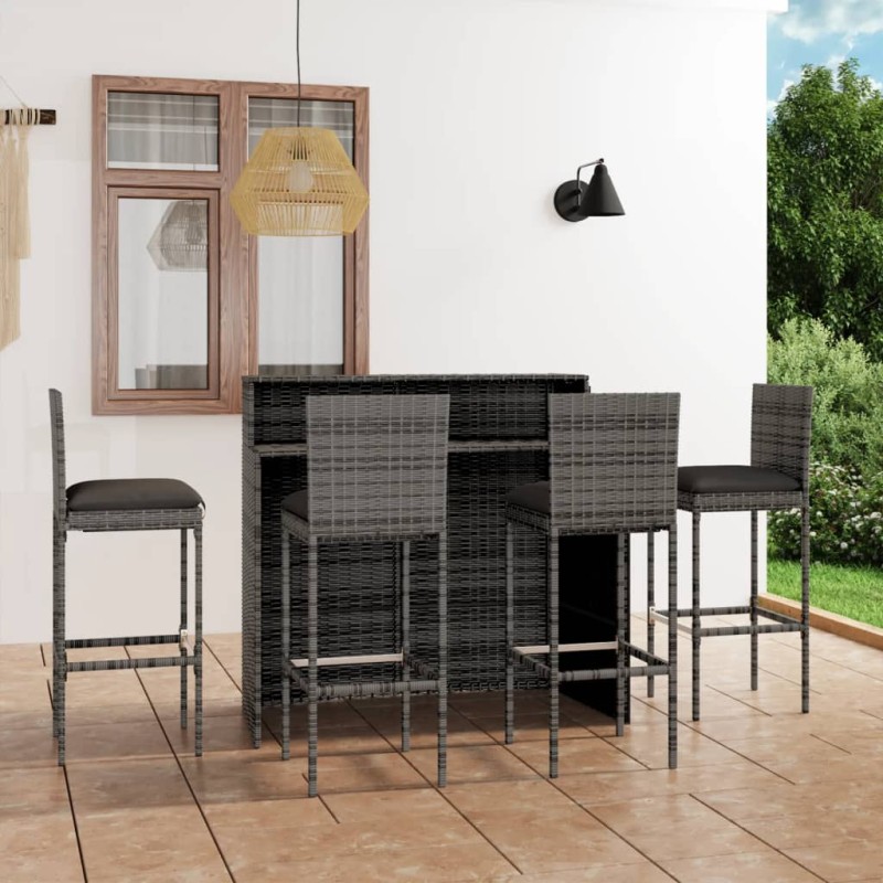 vidaXL Juego de muebles de bar de jardín de 5 piezas y cojines gris vidaXL Juego de muebles de bar de jardín de 5 piezas y cojines gris
