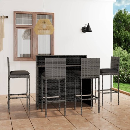 vidaXL Juego de muebles de bar de jardín de 5 piezas y cojines gris 