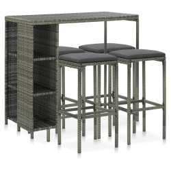 vidaXL Set de bar para jardín 5 piezas y cojines ratán sintético gris
