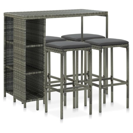 vidaXL Set de bar para jardín 5 piezas y cojines ratán sintético gris