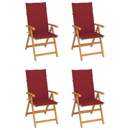 vidaXL Sillas de jardín 4 unidades madera de teca cojines rojo tinto