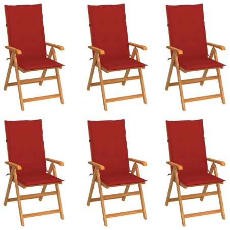 vidaXL Sillas de jardín 6 unidades madera maciza de teca cojines rojo