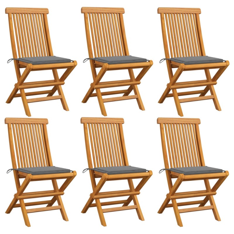 vidaXL Sillas de jardín 6 uds con cojines grises madera de teca vidaXL Sillas de jardín 6 uds con cojines grises madera de teca