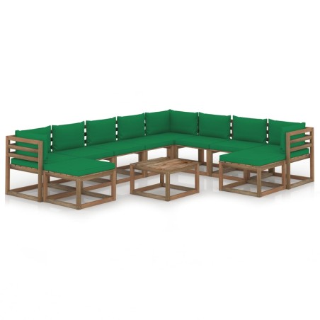vidaXL Juego de muebles de jardín 11 piezas con cojines verde