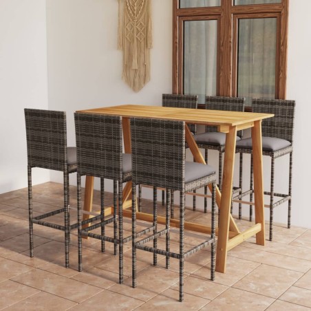 vidaXL Conjunto de bar para jardín 7 piezas con cojines gris