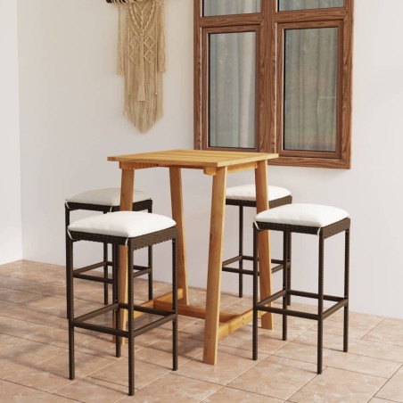 vidaXL Set de bar para jardín 5 piezas y cojines ratán sintético marrón