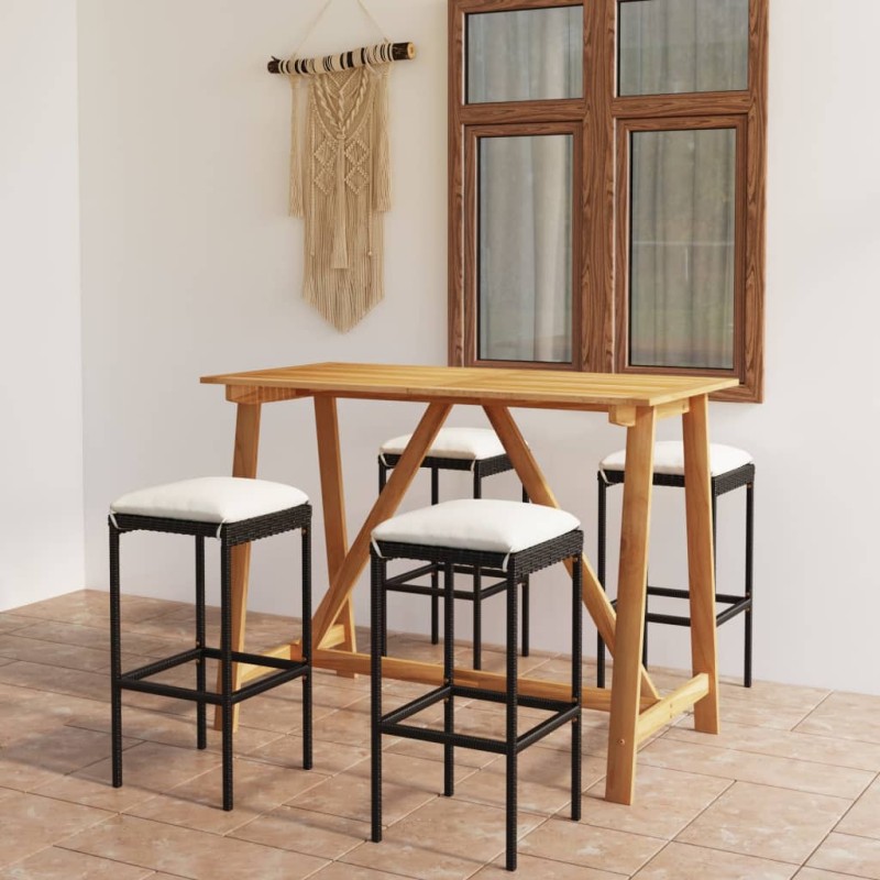 vidaXL Set de bar para jardín 5 piezas y cojines ratán sintético negro