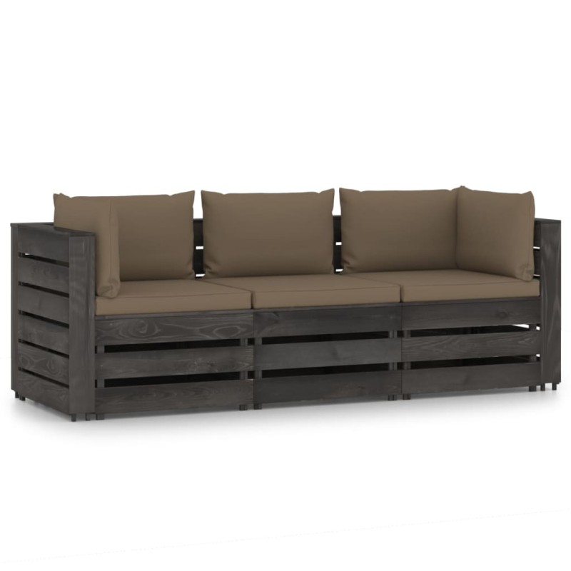 vidaXL Sofá de palets 3 plazas cojines gris madera de pino impregnada vidaXL Sofá de palets 3 plazas cojines gris madera de pino impregnada