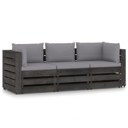 vidaXL Sofá de palets 3 plazas cojines gris madera de pino impregnada