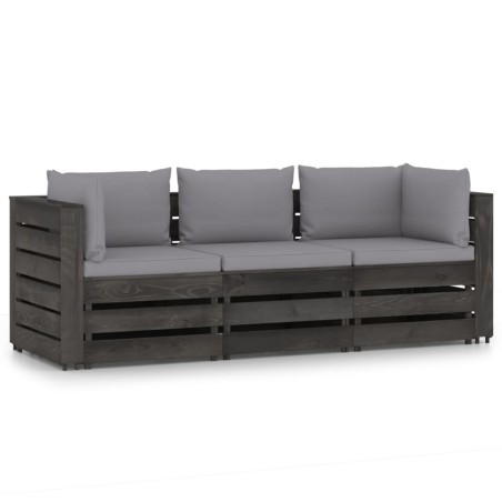 vidaXL Sofá de palets 3 plazas cojines gris madera de pino impregnada