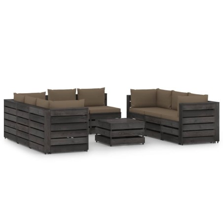 vidaXL Muebles de jardín 9 piezas con cojines madera impregnada gris