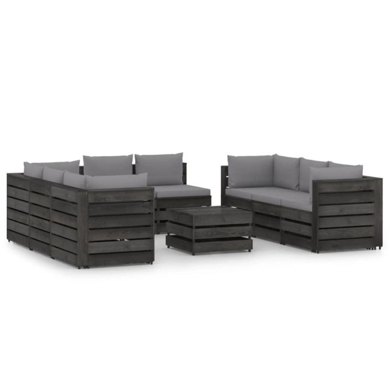vidaXL Muebles de jardín 9 piezas con cojines madera impregnada gris