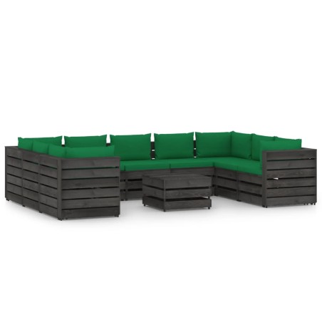 vidaXL Muebles de jardín 10 piezas con cojines madera impregnada gris