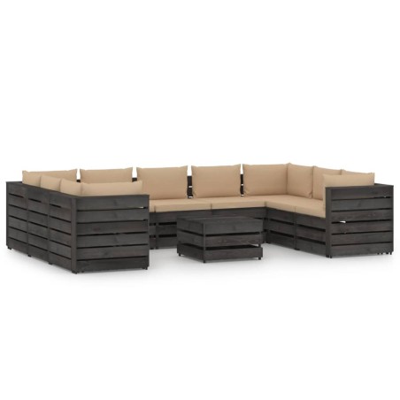 vidaXL Muebles de jardín 10 piezas con cojines madera impregnada gris