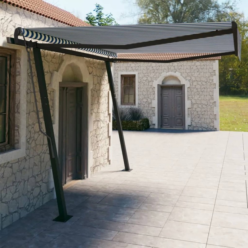 vidaXL Toldo automático retráctil con postes azul y blanco 4x3 m vidaXL Toldo automático retráctil con postes azul y blanco 4x3 m