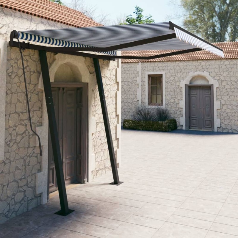 vidaXL Toldo automático retráctil con postes azul y blanco 3x2,5 m vidaXL Toldo automático retráctil con postes azul y blanco 3x2,5 m