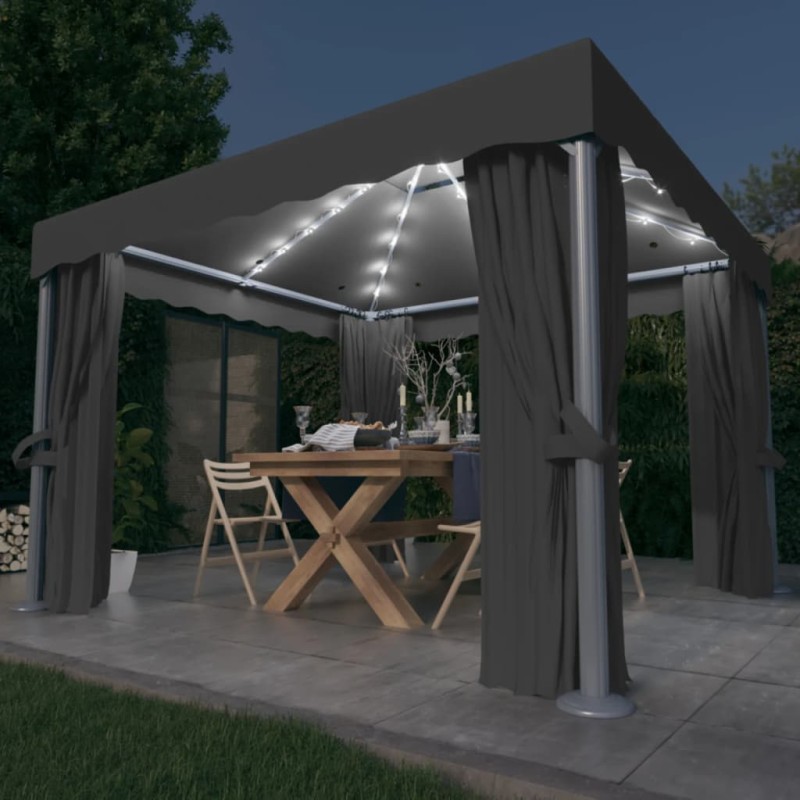 vidaXL Cenador con cortina y tira de luces aluminio antracita 3x3 m vidaXL Cenador con cortina y tira de luces aluminio antracita 3x3 m