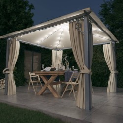 vidaXL Cenador con cortina y tira de luz LED aluminio crema 300x300cm
