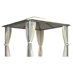 vidaXL Cenador con cortina y tira de luz LED aluminio crema 300x300cm