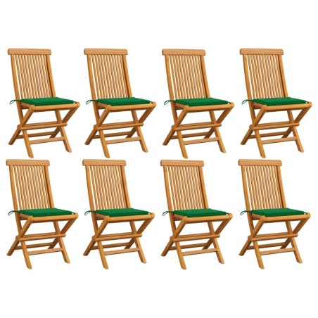 vidaXL Sillas de jardín 8 uds madera maciza de teca con cojines verdes