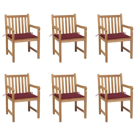 vidaXL Sillas de jardín 6 uds madera maciza de teca cojines rojo tinto