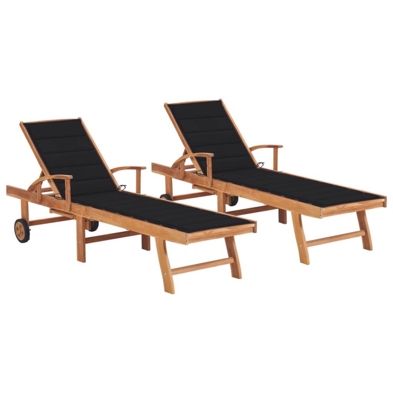 vidaXL Tumbonas 2 unidades madera maciza de teca con cojín negro vidaXL Tumbonas 2 unidades madera maciza de teca con cojín negro