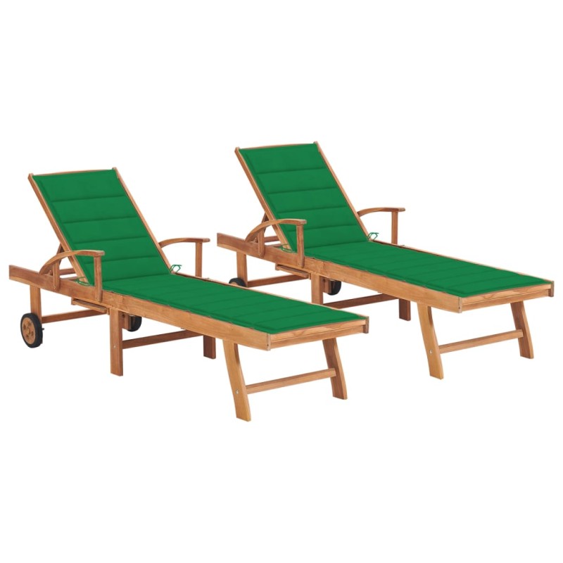 vidaXL Tumbonas 2 unidadesds madera maciza de teca con cojín verde vidaXL Tumbonas 2 unidadesds madera maciza de teca con cojín verde