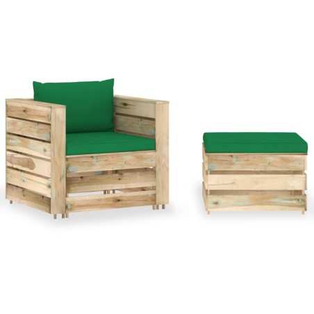 vidaXL Muebles de jardín 2 piezas con cojines madera impregnada verde