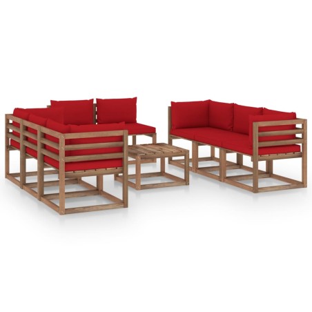 vidaXL Juego de muebles de jardín 9 piezas con cojines rojo